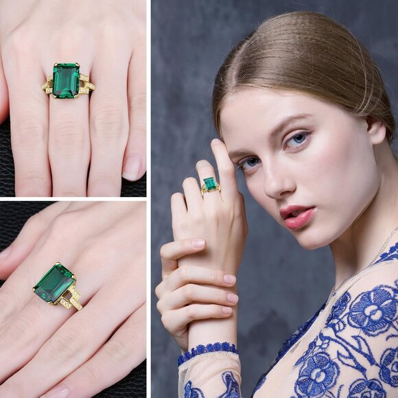 Emerald Cut 6ct Simulated Emerald Solitaire Cocktail Rings for Women, Green Gems - Picture 5 of 5